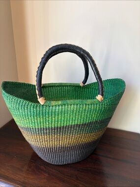 Handwoven Green Ombre Straw market basket with Black Handles